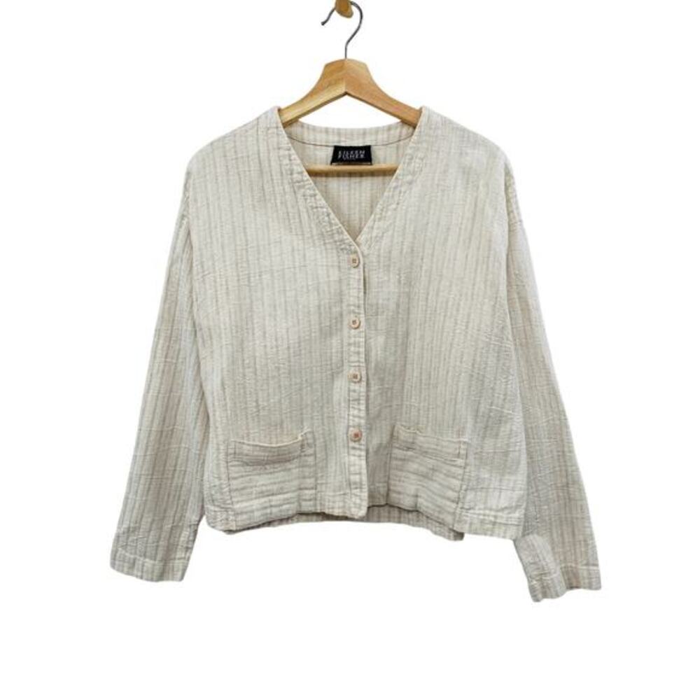 Eileen‎ Fisher L cream striped casual cardigan top